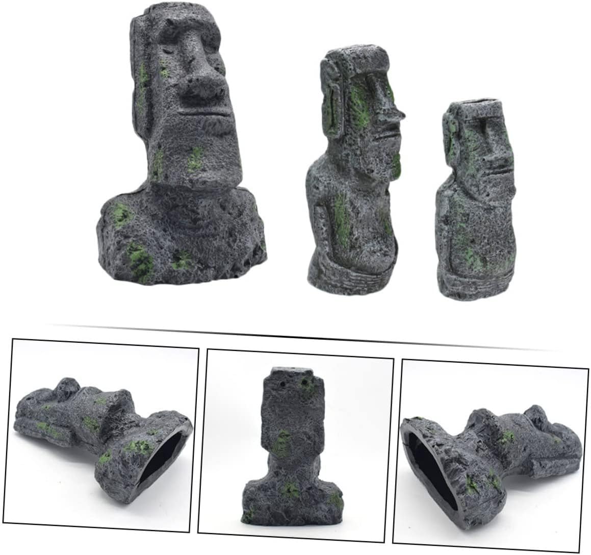 Angoily Aquarium Moai Statues 3Pcs Easter Island Head Fish Tank Landscaping Decor Realistic Resin Ornaments for Home Garden Shelf Decoration