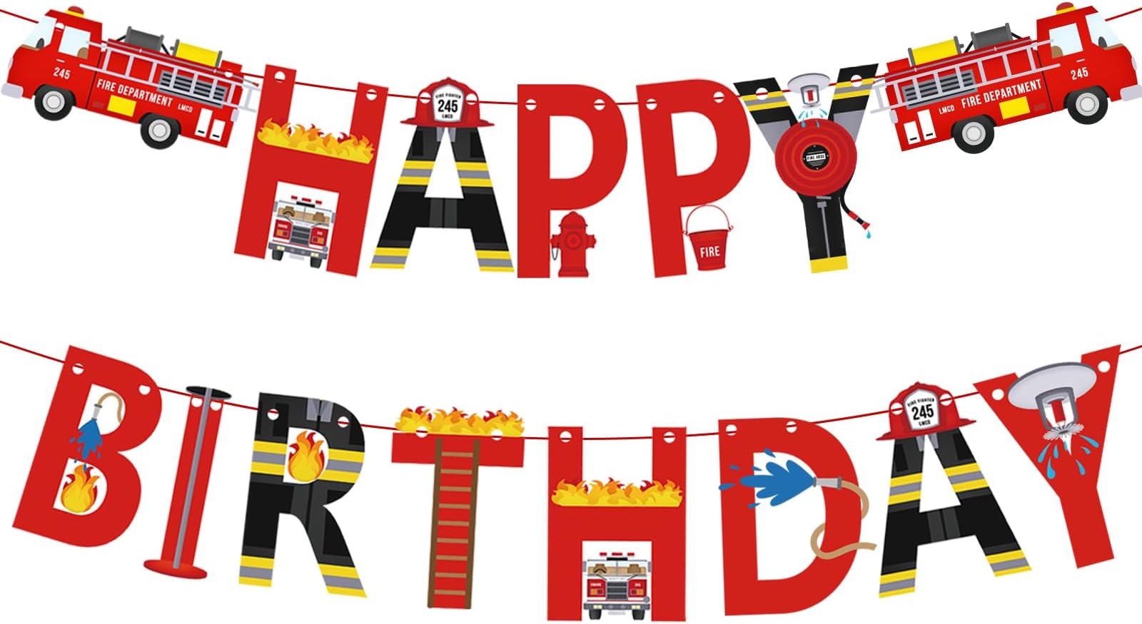 Fire Truck Happy Birthday Banner For Kids and Adult Firefighter Fire Engine Rescue Birthday Party Sign, Fire Truck Party Supplies For Boys and Girls Red