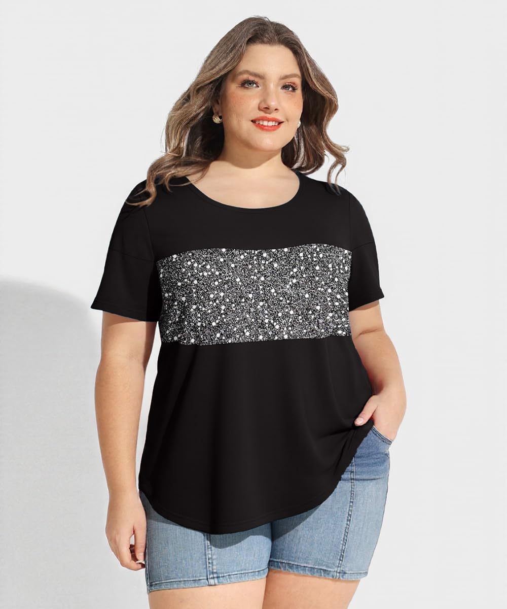 CARCOS Plus Size Tops for Women Short Sleeve Summer Pullover Color Block Crewneck/V Neck Tee Tunic Loose Fit Tshirts XL-5XL - Image 2