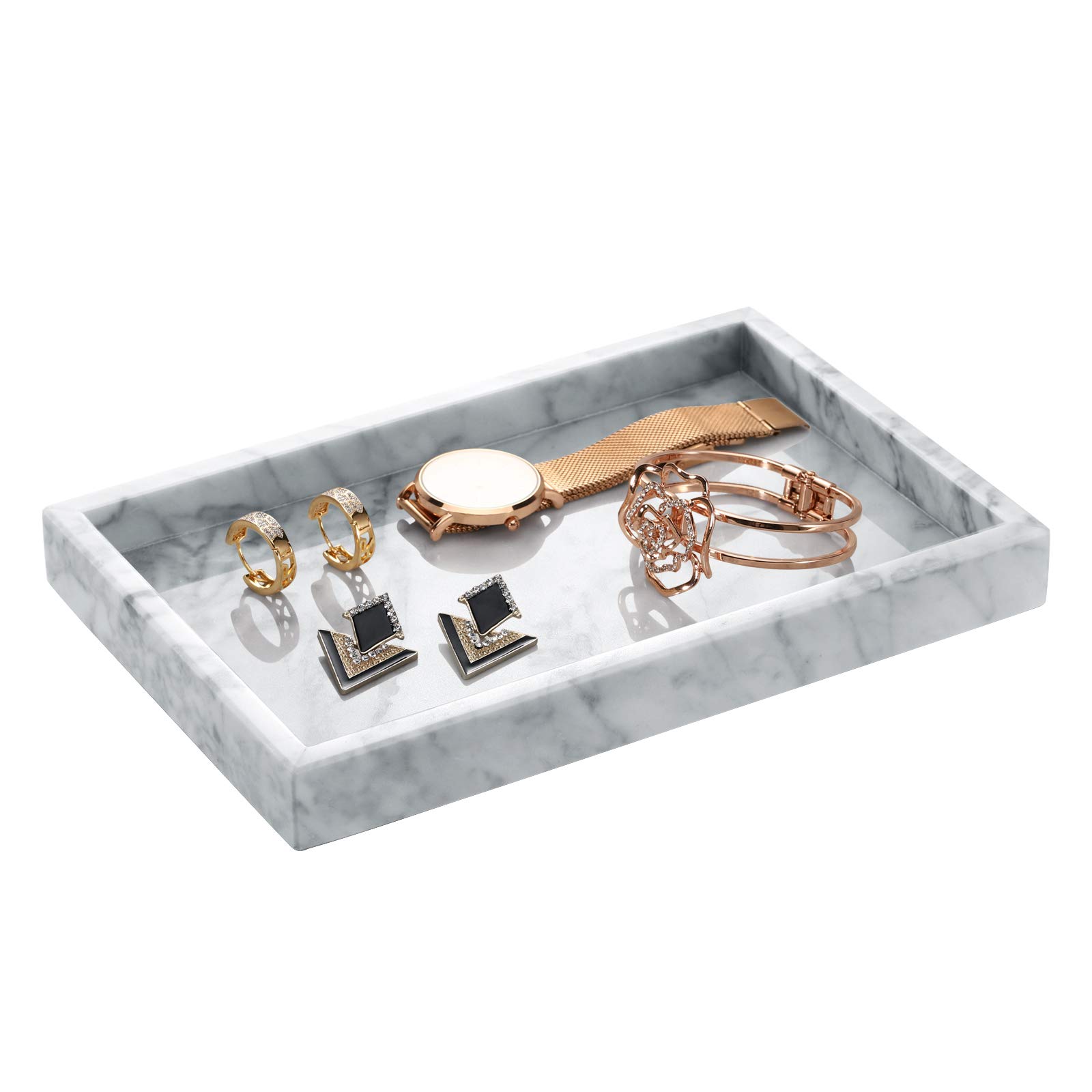 Emibele Natural Marble Tray, Bathroom Countertop Vanity Tray Kitchen Coffee Table Tray Jewelry Organizer Marble Stone Tray for Candle Perfume Cosmetics Shampoo Small Plant Home Decor, Marble White