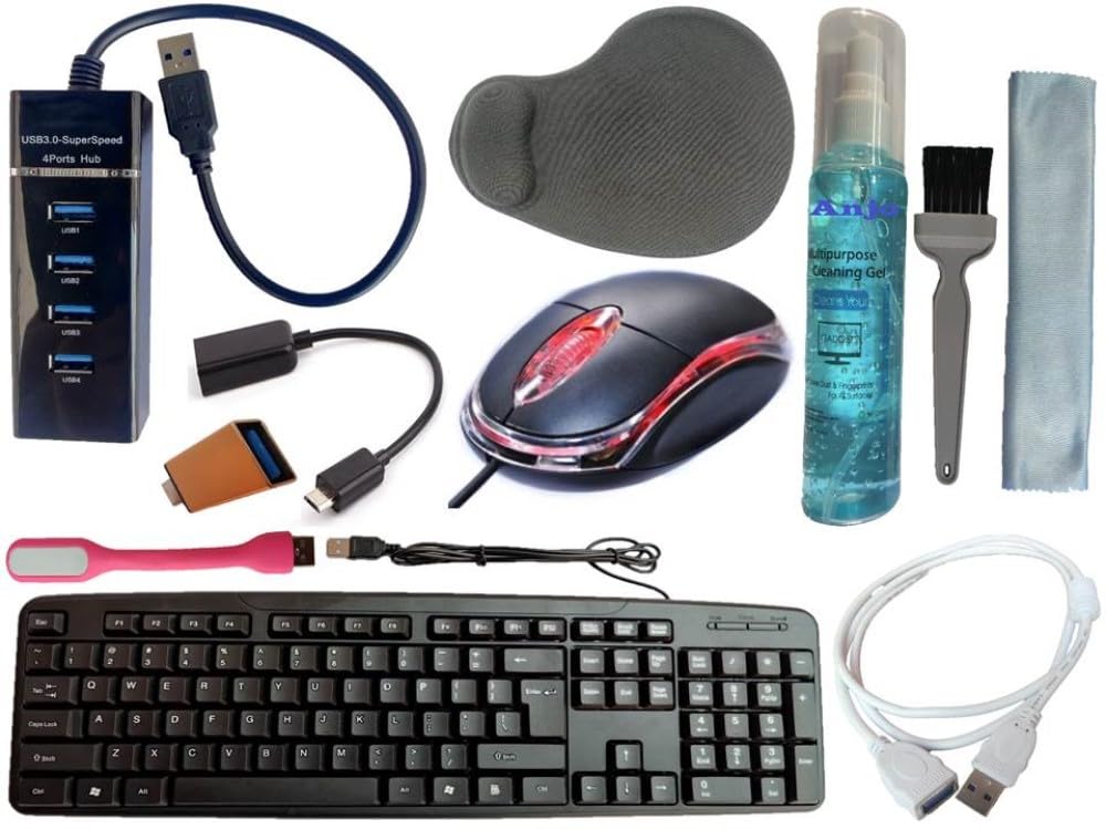 anjo 9 in 1 combo of wired keyboard, wired mouse, mouse pad with gel wrist support, usb hub 3.0, 3 in 1 cleaning kit 100ml, otg micro & c to a type, usb extension cable 1.5 meter, usb light