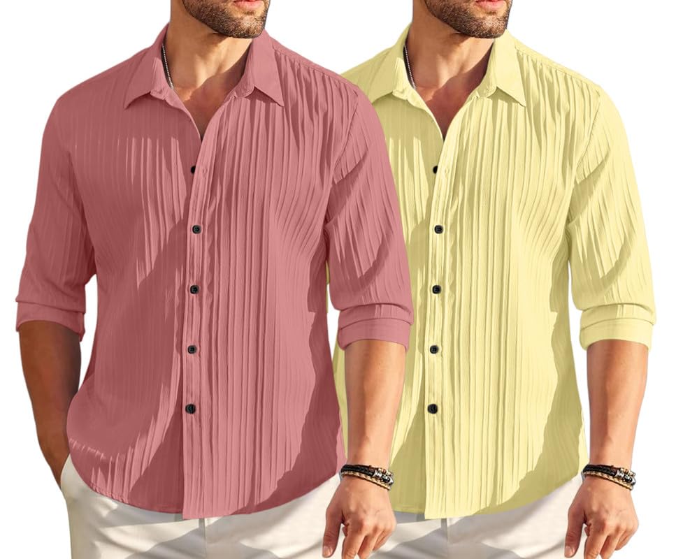 Image of FINIVO FASHION Men's Cotton Blend Shirt Set Lightweight, Full Sleeves, Plain Texture, Button Closure, Summer Ready (Pack of 2)