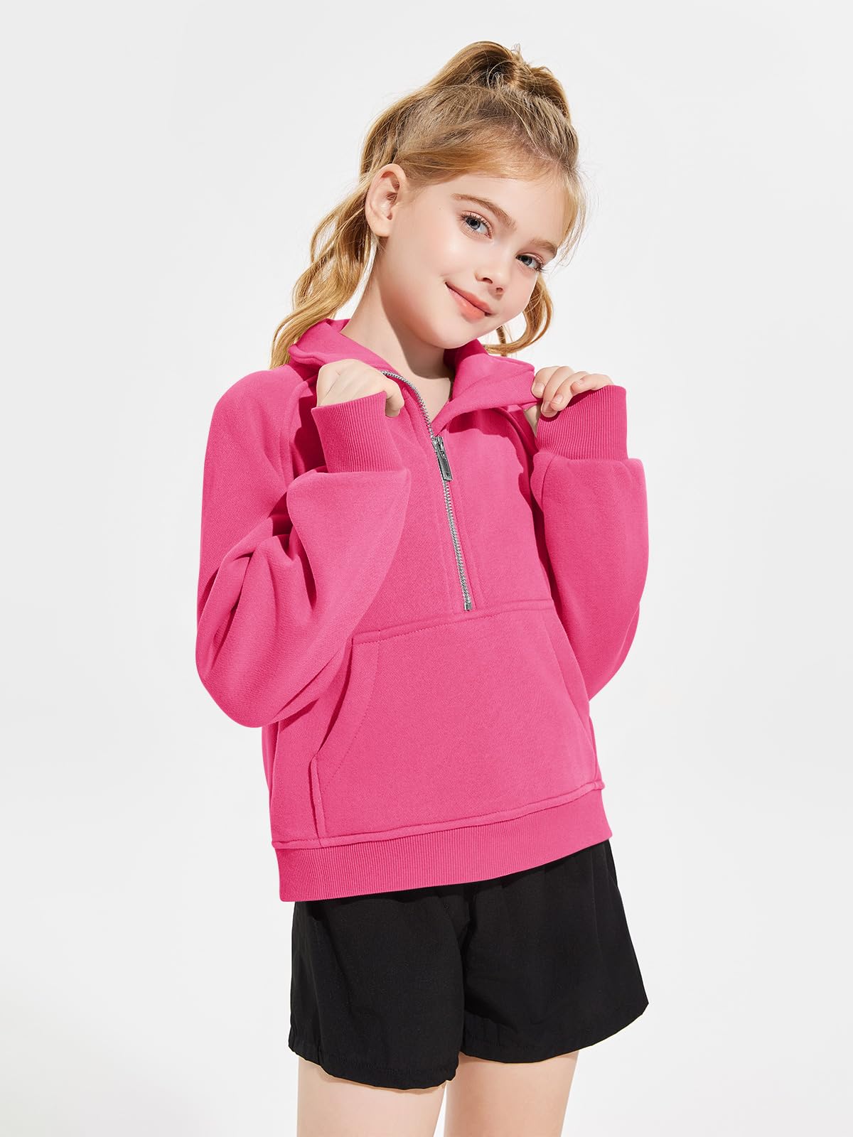 Haloumoning Felpa corta in pile con mezza zip, da bambina, 5-14 anni | Foro per il pollice, maniche lunghe, felpe per bambini, ragazze, vestibilità larga, tasche a marsupio