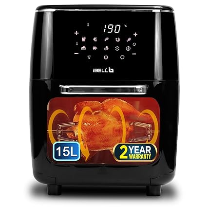 iBELL AF1500M Air Fryer Oven 15 L, 1800W, with Rotisserie + Skewer Set + Rotating Mesh Basket + Crisper tray, 360 Turbo Hot Air Circulation, 10 Cooking Presets & Timer with Auto-off Feature (Black)