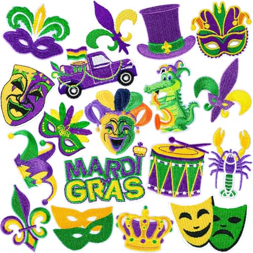 AUGSUN 18pcs Self Adhesive Mardi Gras Patches Carnival Sew Applique