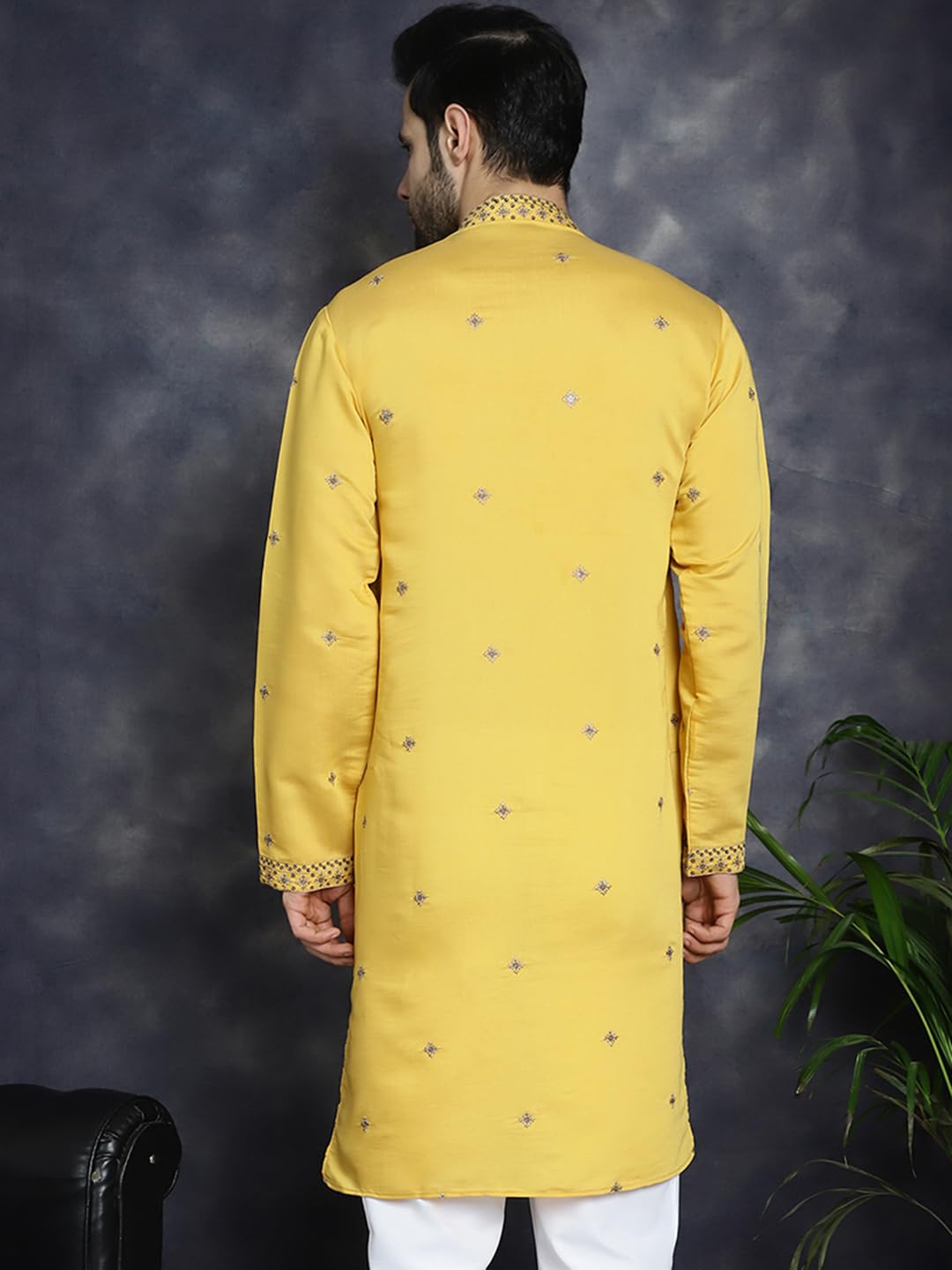 Jompers Men's Yellow Sequin Embroidered Kurtas (Yellow, Xl)
