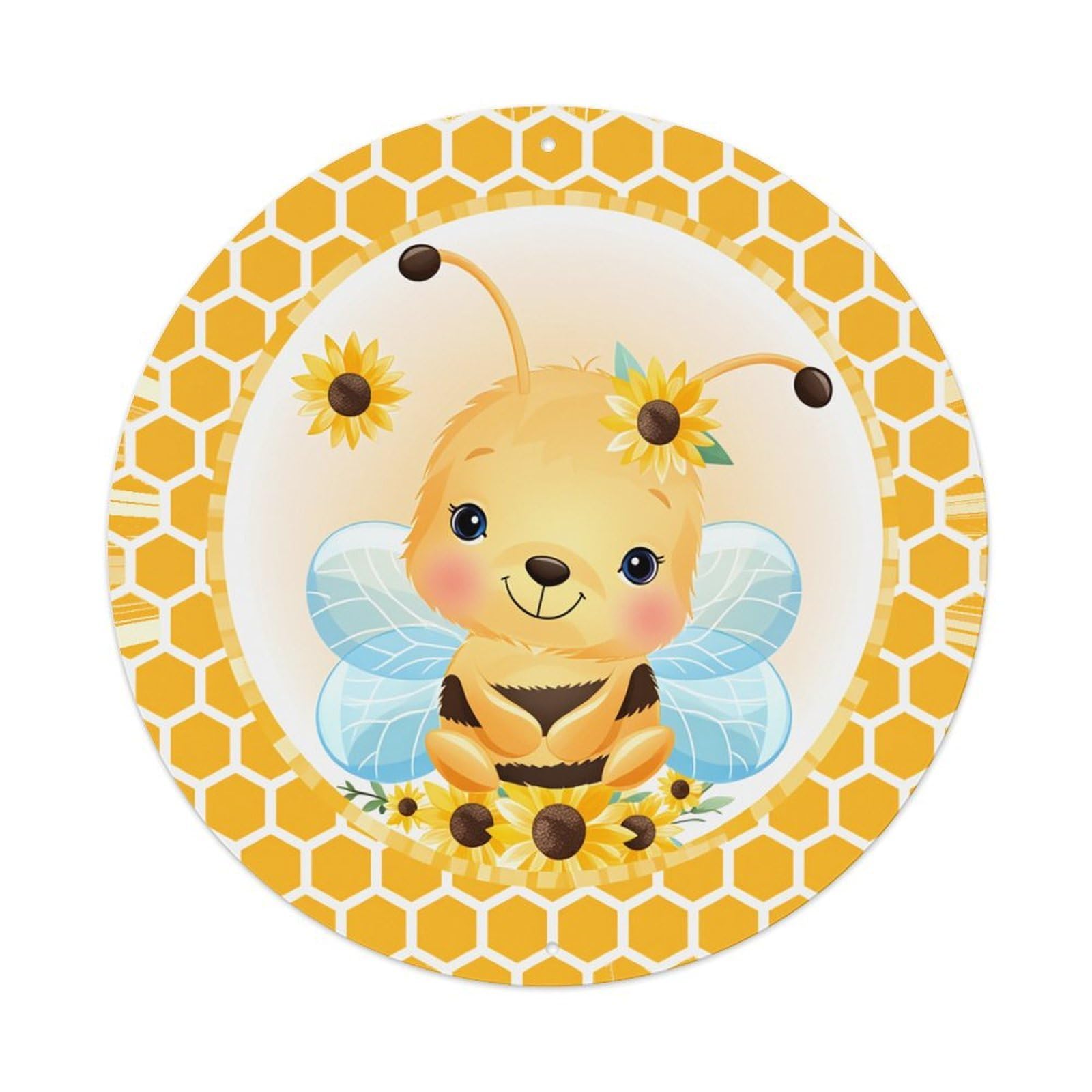 Cute Bee With Sunflowers And Wings Round Tin Sign Retro Metal Sign for Cafe Bar Pub Home Game Room Gym Club Wall Decoration Vintage Metal Poster 8x8 Inch