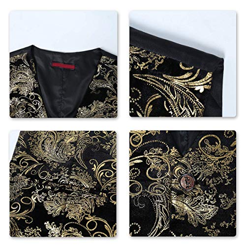 Cloudstyle Mens Single Breasted Vest Dress Vest Slim Fit Button Down Prom Formal Suit Vest Waistcoat,Floral - Gold,Medium #TOP3