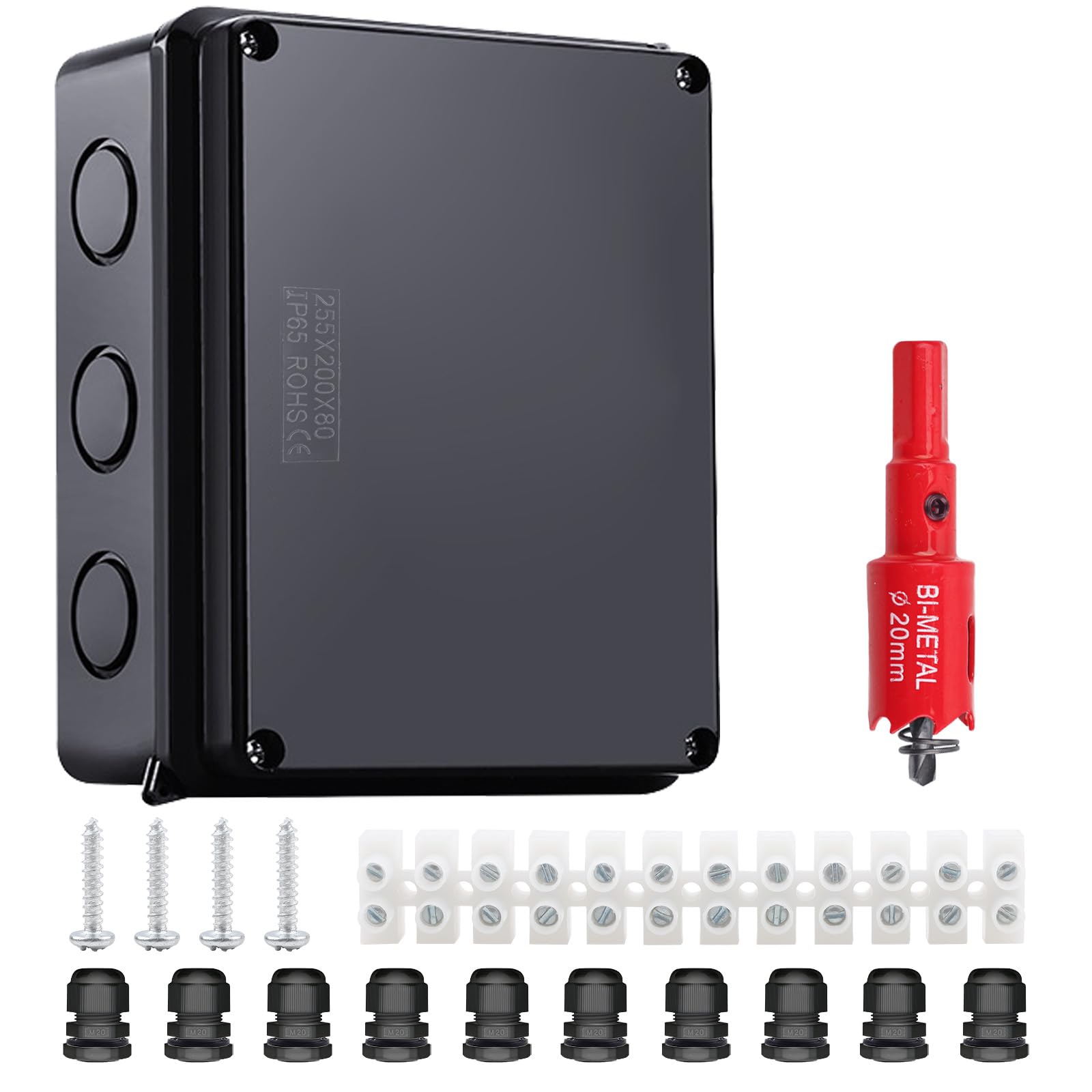 LANUCN 12 Way Junction Box with Terminal Blocks, 255x200x80mm IP65 Waterproof Electrical Connection Box, Outdoor IP Rated Adaptable Enclosure for CCTV (Black)