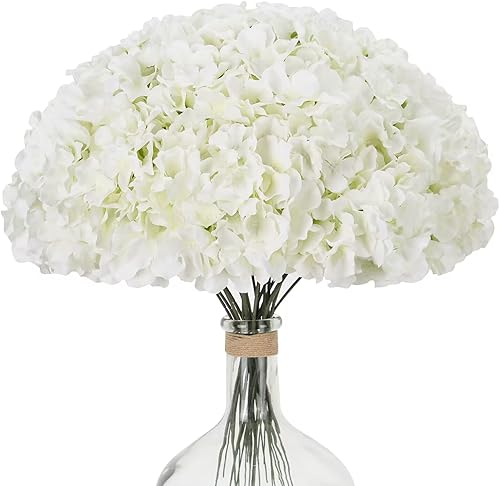 Waipfaru 12 flores artificiales de hortensias blancas, flores de hortensias sintéticas con tallos, flores de hortensias falsas de seda para ramo de