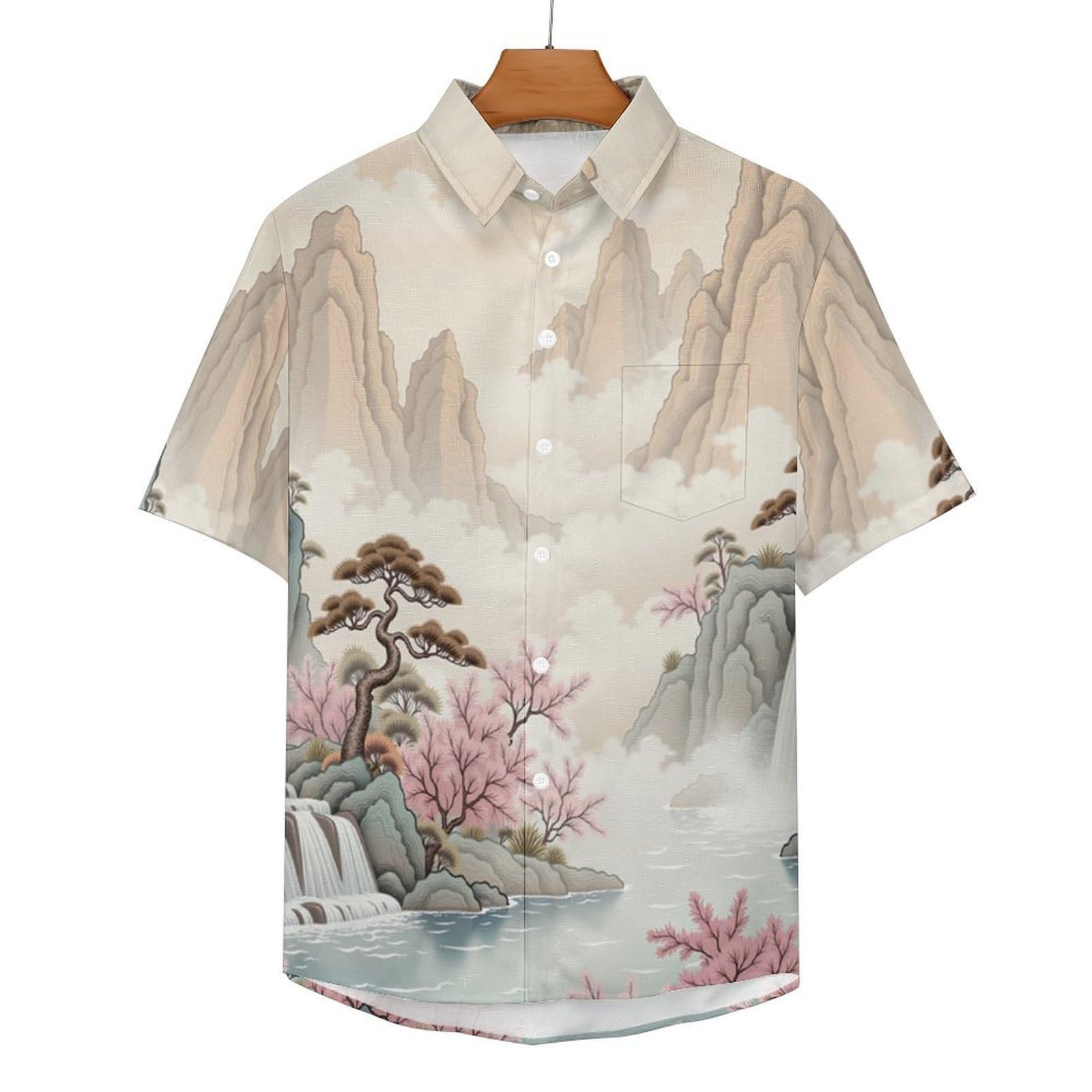 Camicia Casual da Uomo, Cascata Albero di Pesco in Fiore Stampa Maglietta Estiva a Maniche Corte Stile Stile Cinese Casual Button Down Hawaiani Camicie Risvolto Spiaggia Top