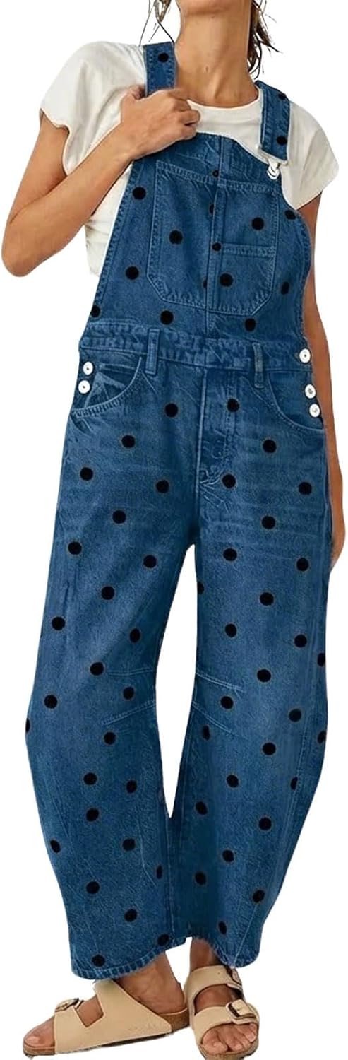 utcoco Women's Polka Dot Denim Overalls Loose Fit Barrel Leg Adjustable Strap Hip Hop Jumpsuits