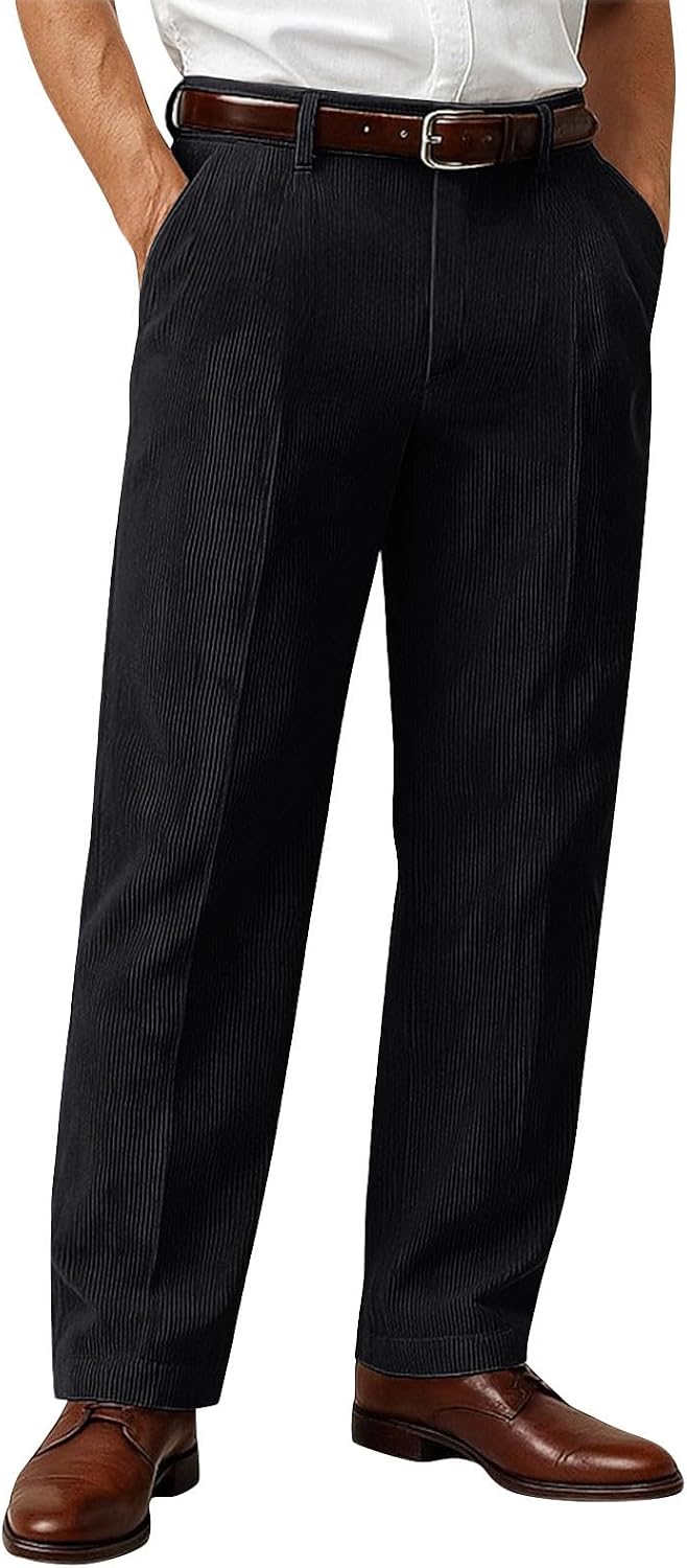 Corduroy Dress Pants for Men, Pleated Front Casual Business Regular Fit Work Trousers with Pocket