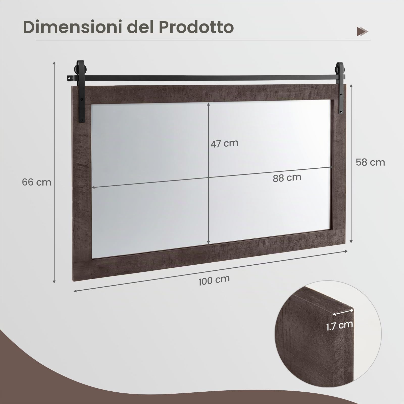 LIFEZEAL Specchio da Parete Rettangolare, Cornice in Legno Massello, Antisplosione, Decorativo, Ingresso, Salotto, Camera da Letto, Bagno, Appeso a Muro, Alta Definizione, Mirror (grigio, 100x66 cm)