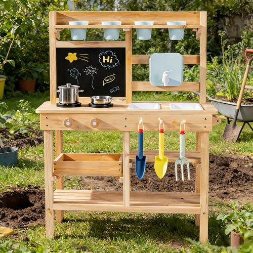 ROBUD Wooden Mud Kitchen for Kids, Outdoor Kitchen Playset with Real Faucet, Removable Sink, Stove, Planting Pots, Blackboard, Storage, Pretend Play Kids Garden Toy Kitchen for Boys & Girls Ages 3+