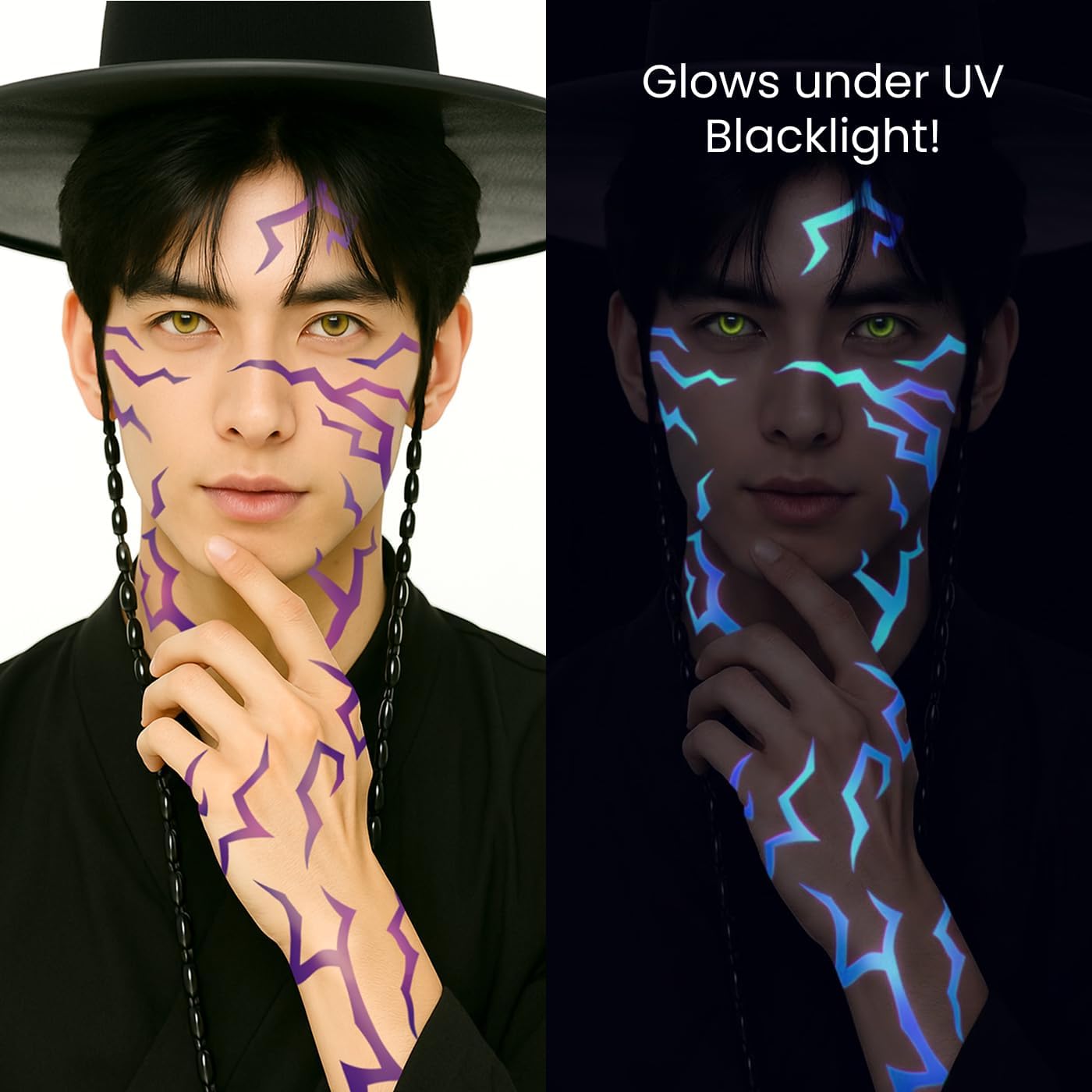 3 arkusze UV KPOP Glow tymczasowe tatuaże kostiumowe Demon Hunters, fioletowy wzór energii demonów, aktywowany czarnym światłem neonowy niebieski, fałszywe naklejki na cosplay, festiwale, rave i