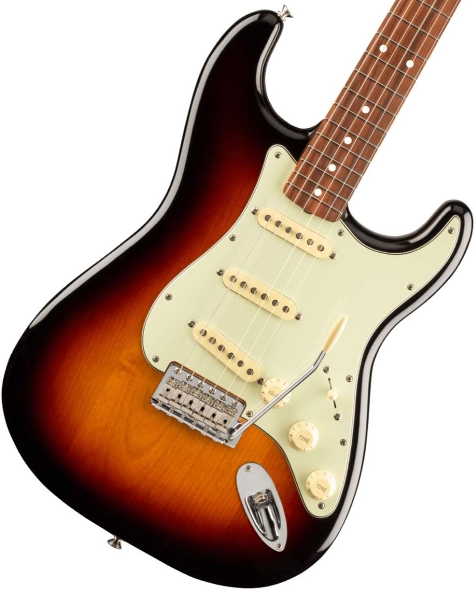 Imagem frontal da guitarra elétrica Fender Vintera 60s Stratocaster com acabamento Sunburst de três cores, escala de pau-ferro, captadores single-coil e knobs brancos
