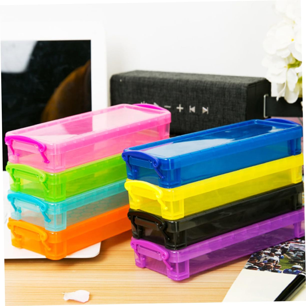 Tofficu 8pezzi Scatola Portapenne Colorati Organizer Compatto Per Cancelleria Scatola Trasparente Per Matite e Piccoli Oggetti Per Ufficio e Scuola