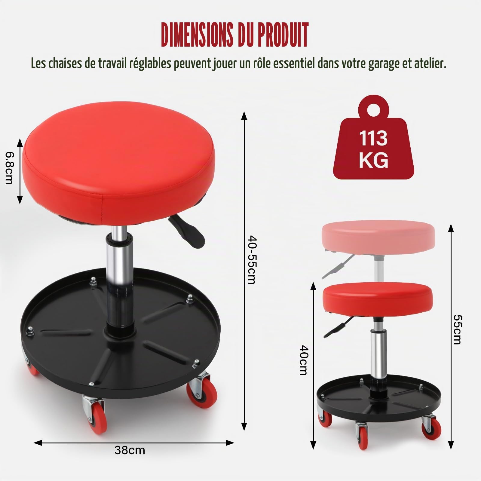 Tabouret d'Atelier Mobile Charge, Tabouret de Mécanicien à Roulettes Lisses Siège d'Atelier Hauteur Réglable avec Plateau à Outils Cadre Robuste Assis our Entretien Réparation Automobile Garage