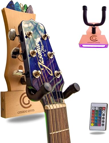 CITIZENZ GNYES Soporte de pared inalámbrico de madera de haya natural para guitarra, luces LED multicolores, acero de aleación resistente, ideal