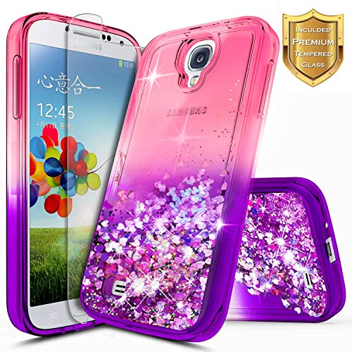 Galaxy S4 Case with Tempered Glass Screen Protector for Girls Women Kids, NageBee Glitter Liquid Bling Floating Waterfall Diamond Shockproof Durable Cute Case for Samsung Galaxy S4 -Pink/Purple