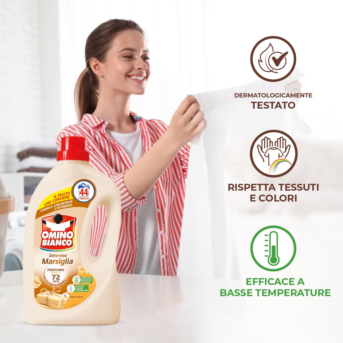 Omino Bianco - Detersivo Lavatrice Liquido, 105 Lavaggi, Rispetta Colori e Tessuti, Fresco Profumo con Essenza Cuore di Marsiglia, 1400 ml x 3 Confezioni