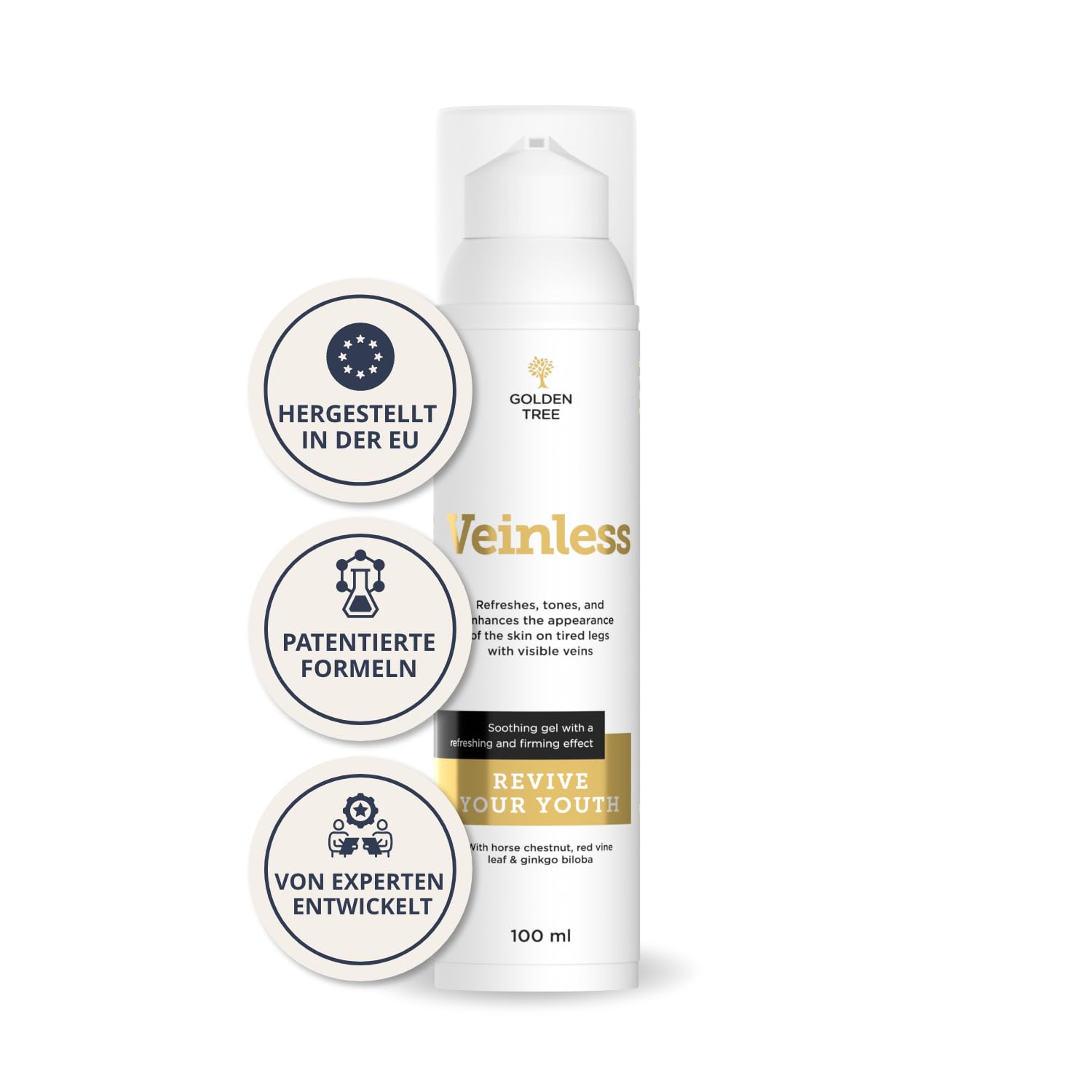 Golden Tree Veinless Kühlgel – Rosskastanien Salbe, 100 ml | Mit Ginkgo Biloba & Roter Weinrebe, Für müde Beine & Venenpflege, Ohne Parabene & Sulfate