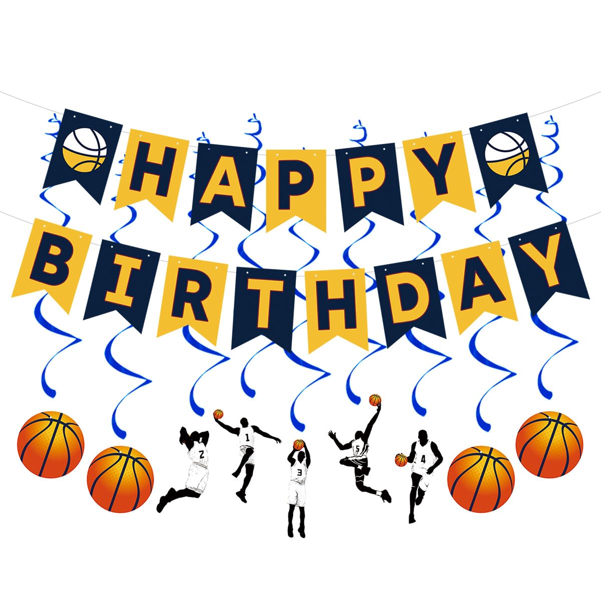 Juego de decoraciones de fiesta de cumpleaños de baloncesto para niños, pancarta de feliz cumpleaños, remolinos colgantes para niños y hombres, juego de baloncesto, tema deportivo, baby shower, fiesta