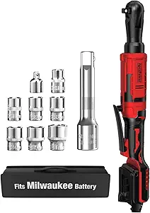 1/2 Inch Cordless Ratchet Wrench, for Milwaukee M18 Battery, 88Ft-Lbs, 0-400RPM, Electric Ratchet Wrench Set with Variable Speed Trigger, Reinforced Head, R&F Switch, 7 Sockets, 3/8" to 1/4" Adapter