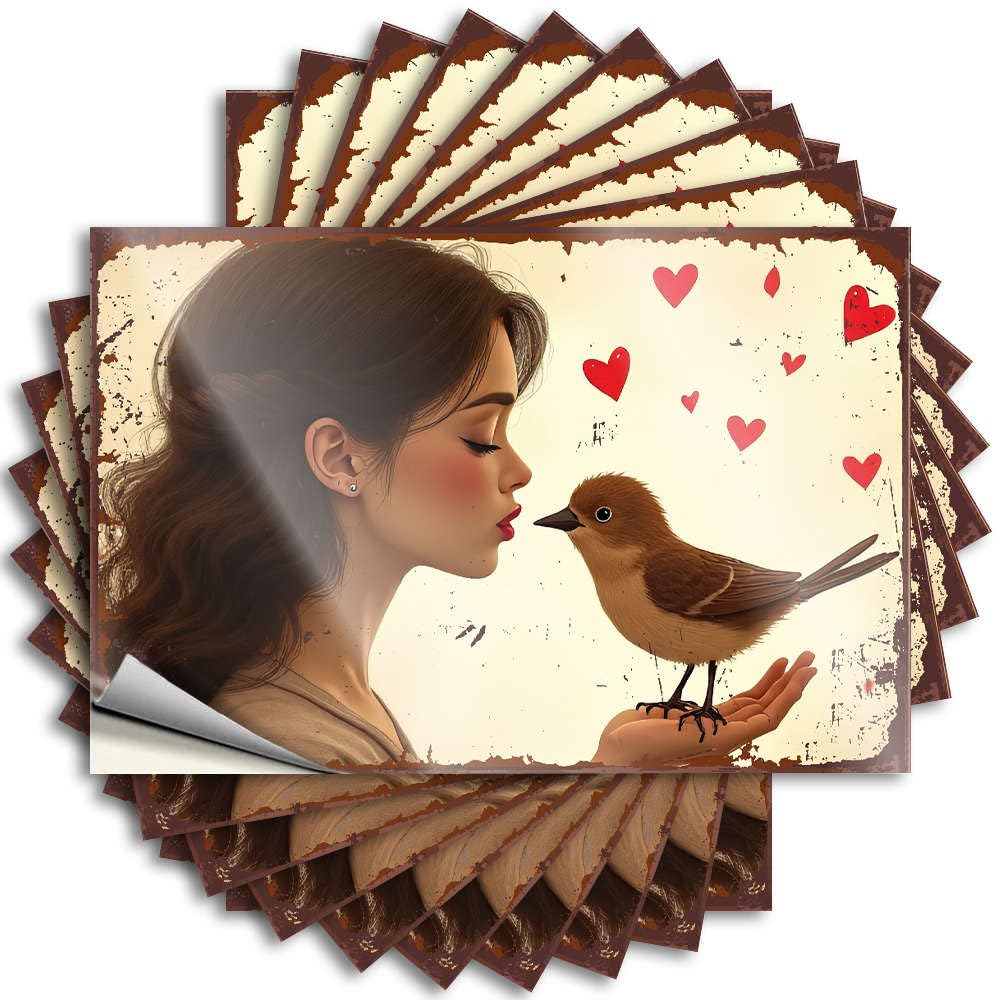 Large Garage Stickers - A Woman Gently Kisses A Bird, Surrounded By Hearts. Punk Durable Sticker Easy Apply for Antimicrobial Decor(8X12CM)