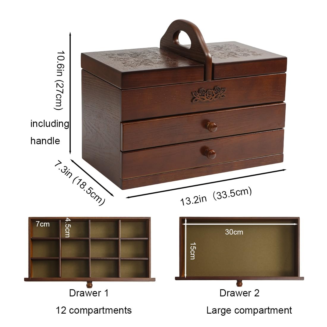 Nähkästchen aus Holz mit graviertem Rosen-Design, Doppeldeckelfach oben und 2 ausziehbaren Schubladen, Nähkorbaufbewahrung, Dunkelbraun L/B/H 33,5 x 18,5 x 27 cm