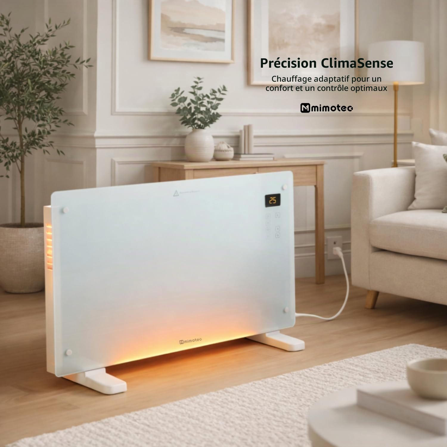 M mimotec – Radiateur convecteur électrique en verre blanc Glass 2000W, silencieux 0 dB, avec écran LED, minuterie et verrouillage enfant, IP24 et anti-surchauffe, installation au sol ou murale.