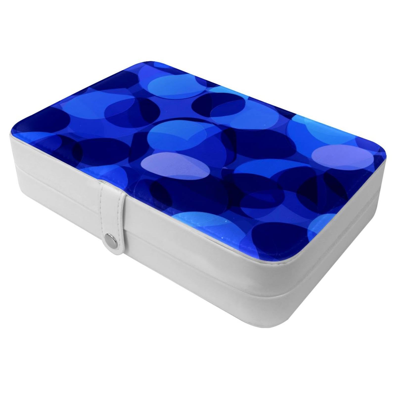 Boîte à bijoux de voyage circulaire bleue motif géométrique pour femmes et filles