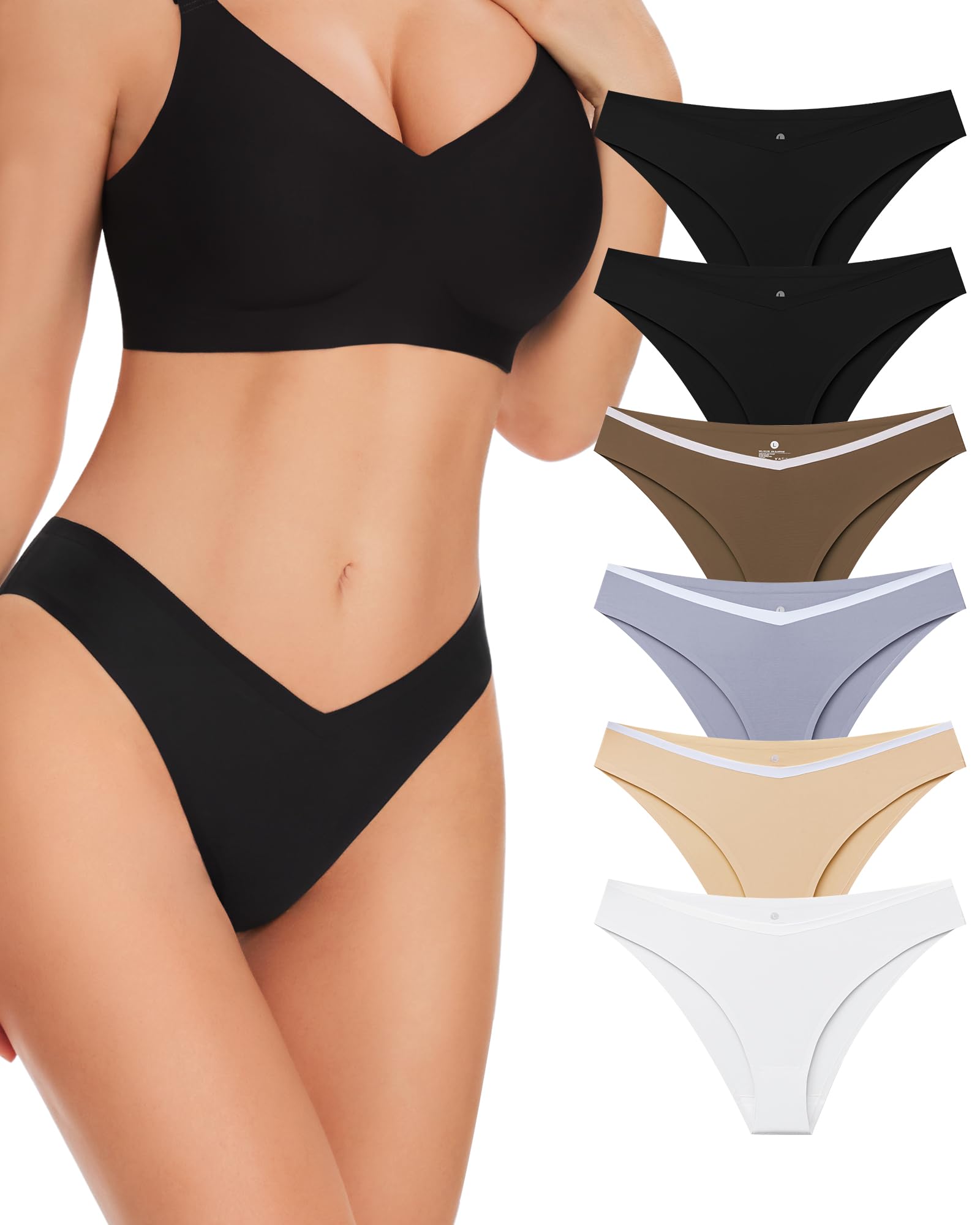 habibee Womens Seamless Underwear 6 Pack, Silky Soft Cheeky Bikini Panties for Ladies, Sexy V Cut Briefs No Show