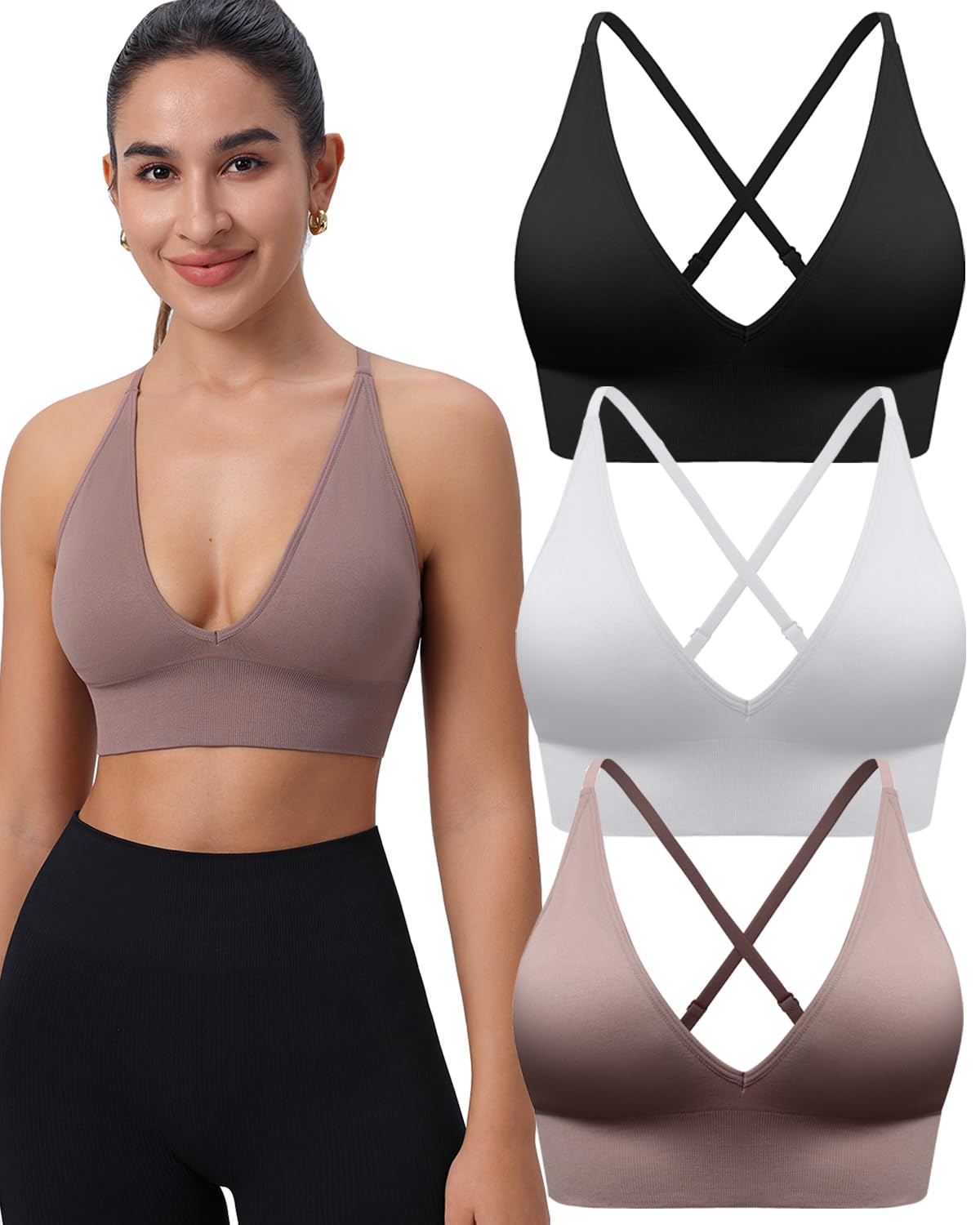 Women's Sports Bras 3/4 Pack Adjustable Deep V Neck Bras Wireless Spaghetti Strap Criss Cross Padded Low Support Bra