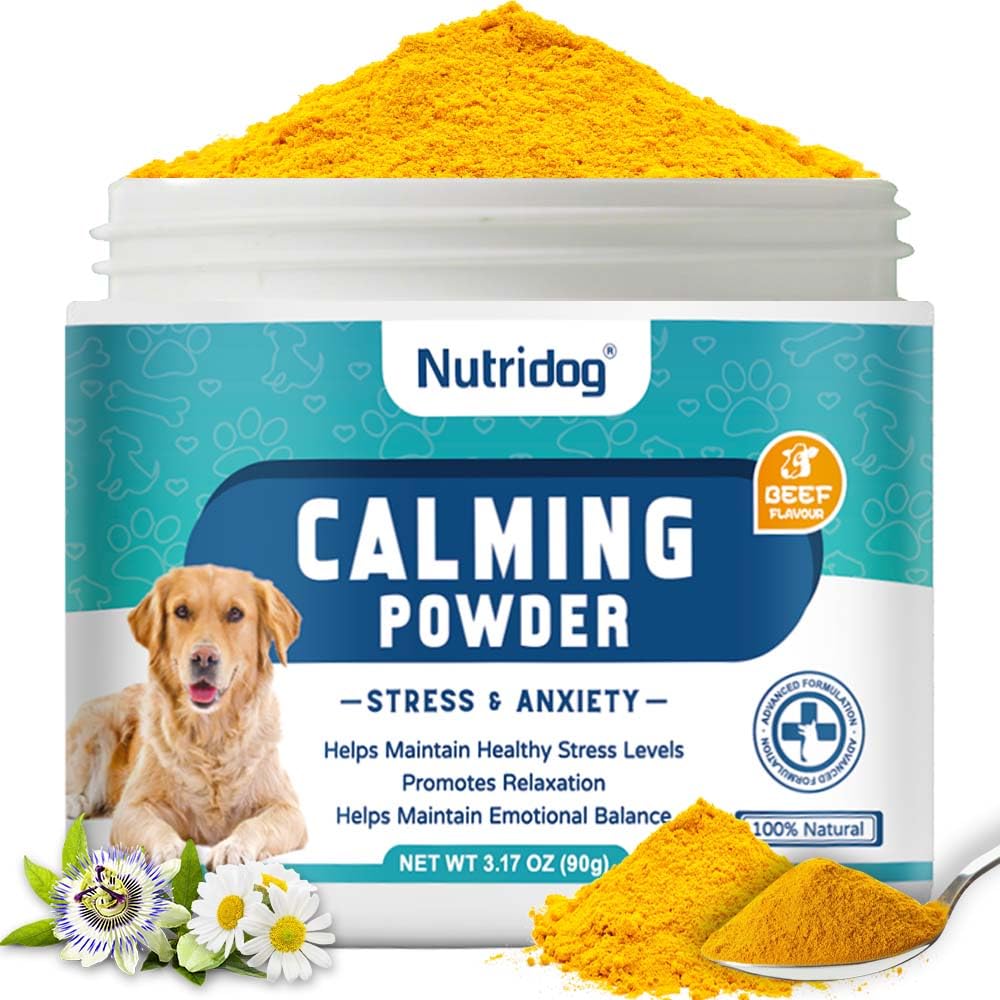 Calming Powder for Dogs - Anxiety & Stress Relief Supplement with Organic Hemp, Valerian Root - Behavioral Support, Fireworks & Travel Aid - Beef Flavor, 90g Powder (ND-046)