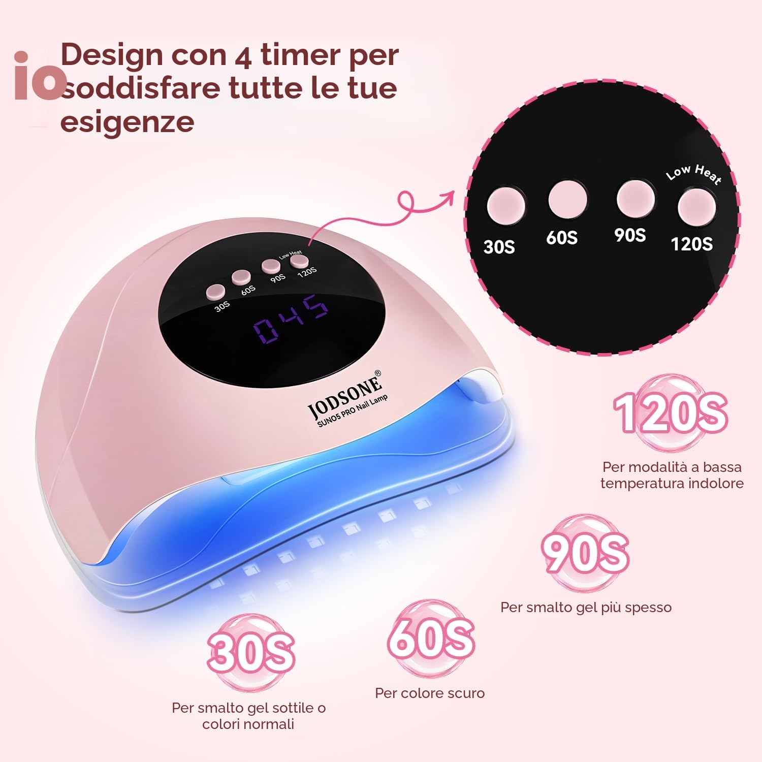 JODSONE Lampada uv led unghie rosa professionale, Fornetto unghie 24 LED 4 Timer 30/60/90/120S, Sensore Movimento Base Staccabile per Smalto Semipermanente Gel UV