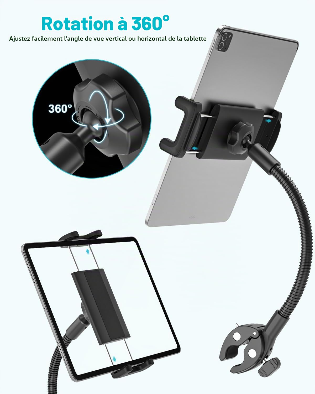 Support Tablette Tapis de Course, Support Tablette Guidon Vélo avec Flexible Col de Cygne, 360° Porte Tablette Bateau/Microphone pour Galaxy Tab A8 A7 s9, iPad 10,9, iPad Pro Air Mini, 4~13"