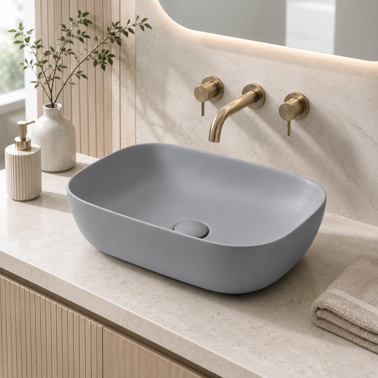 REMANENCE Premium Designer Matte Finish Table Top Ceramic Wash Basin/Vessel Sink with Slim Rim for Bathroom (18 x 13 x 5.5 Inch) (Matte Grey) 3