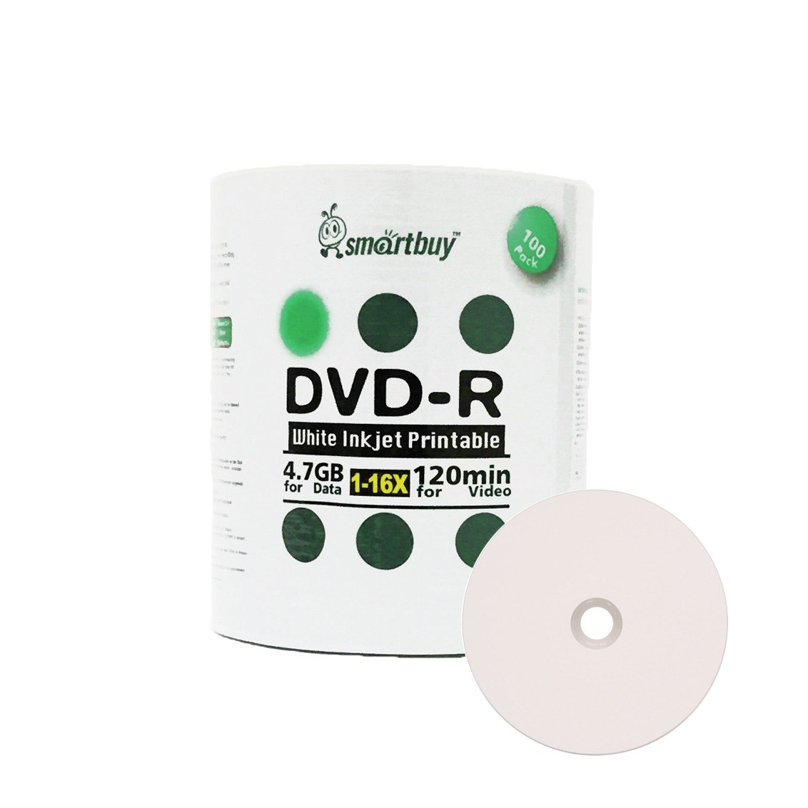 Smartbuy 100-disc 4.7gb/120min 16x DVD-R White Inkjet Hub Printable Blank Data Recordable Media Disc