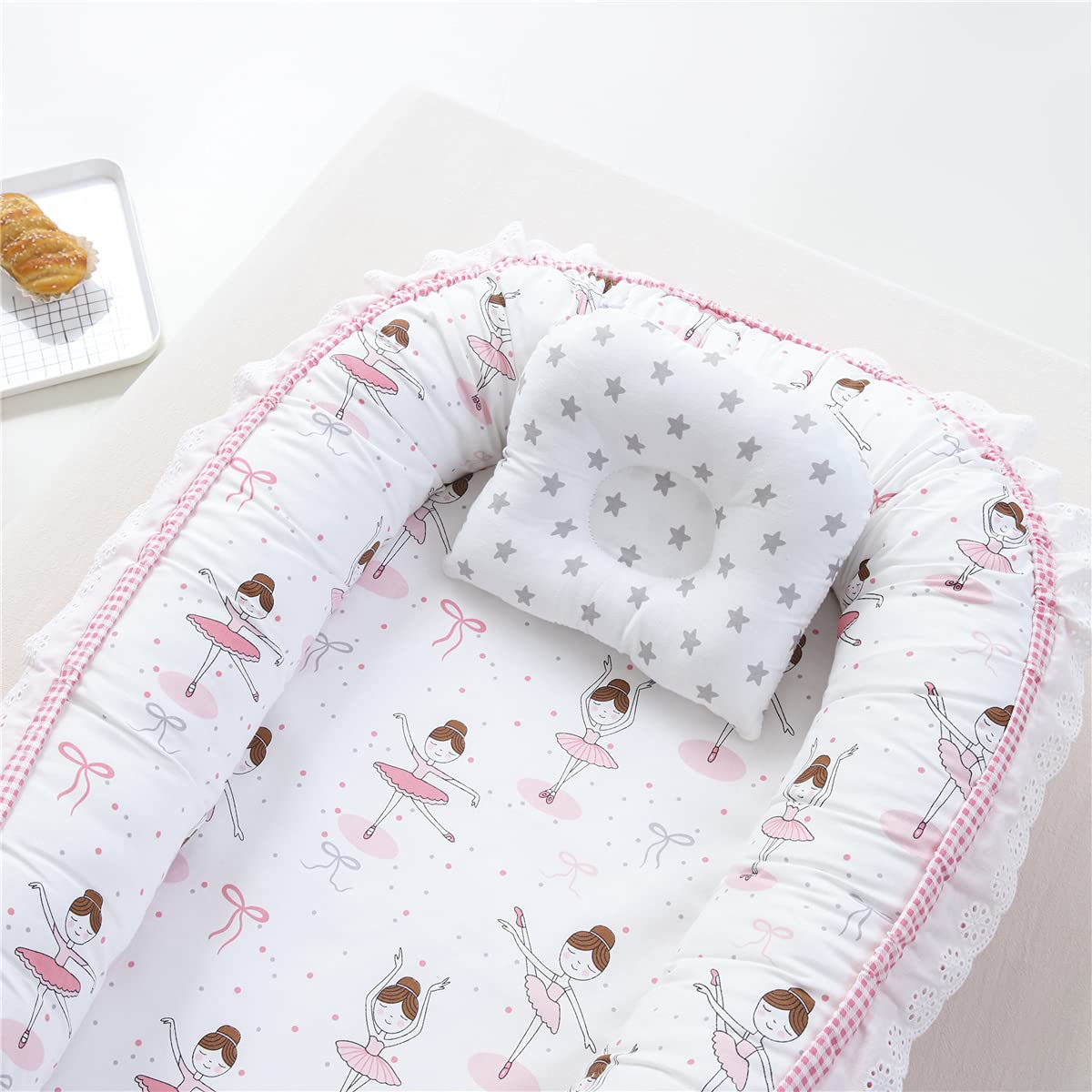 Brandream Baby Nest Ned Princess Girls Newborn Lounger Pink White Bassinet Co Sleeping Sharing Bed with Ruffle