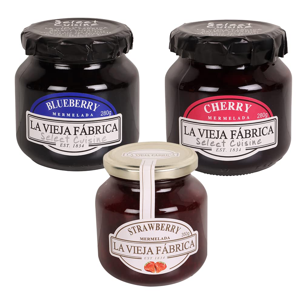 La Vieja Fabrica Blueberry Jam, Cherry Jam, Strawberry Mermelada Jam, 12.35 oz ℮ 350 g, Variety Pack