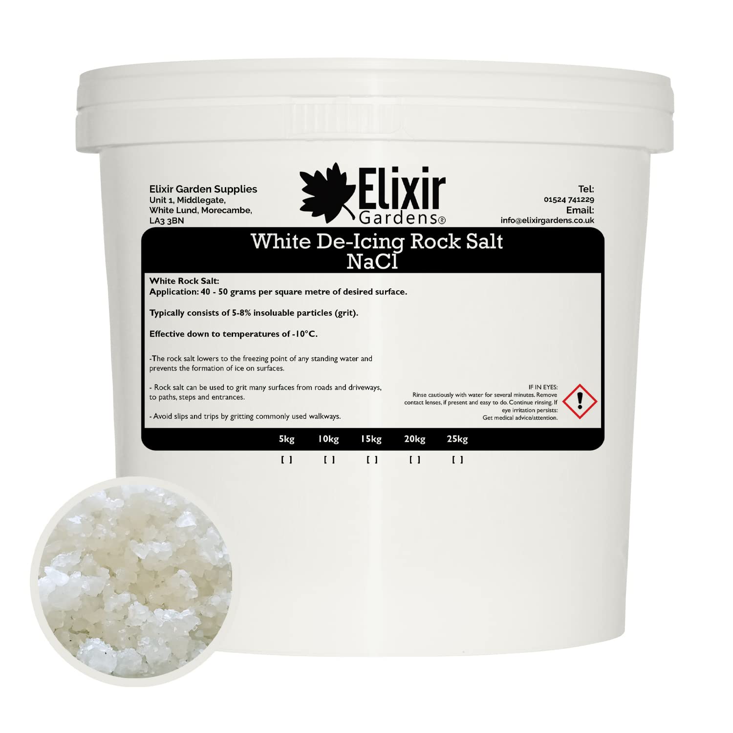 Elixir Gardens | De-Icing Rock Salt | Quantities from 1kg-20kg | From 20 sq.m-500sq.m Coverage | Perfect for Melting/Gritting Ice & Snow on Paths, Drives, Pavements & Steps | White De-Icer | 5kg Tub