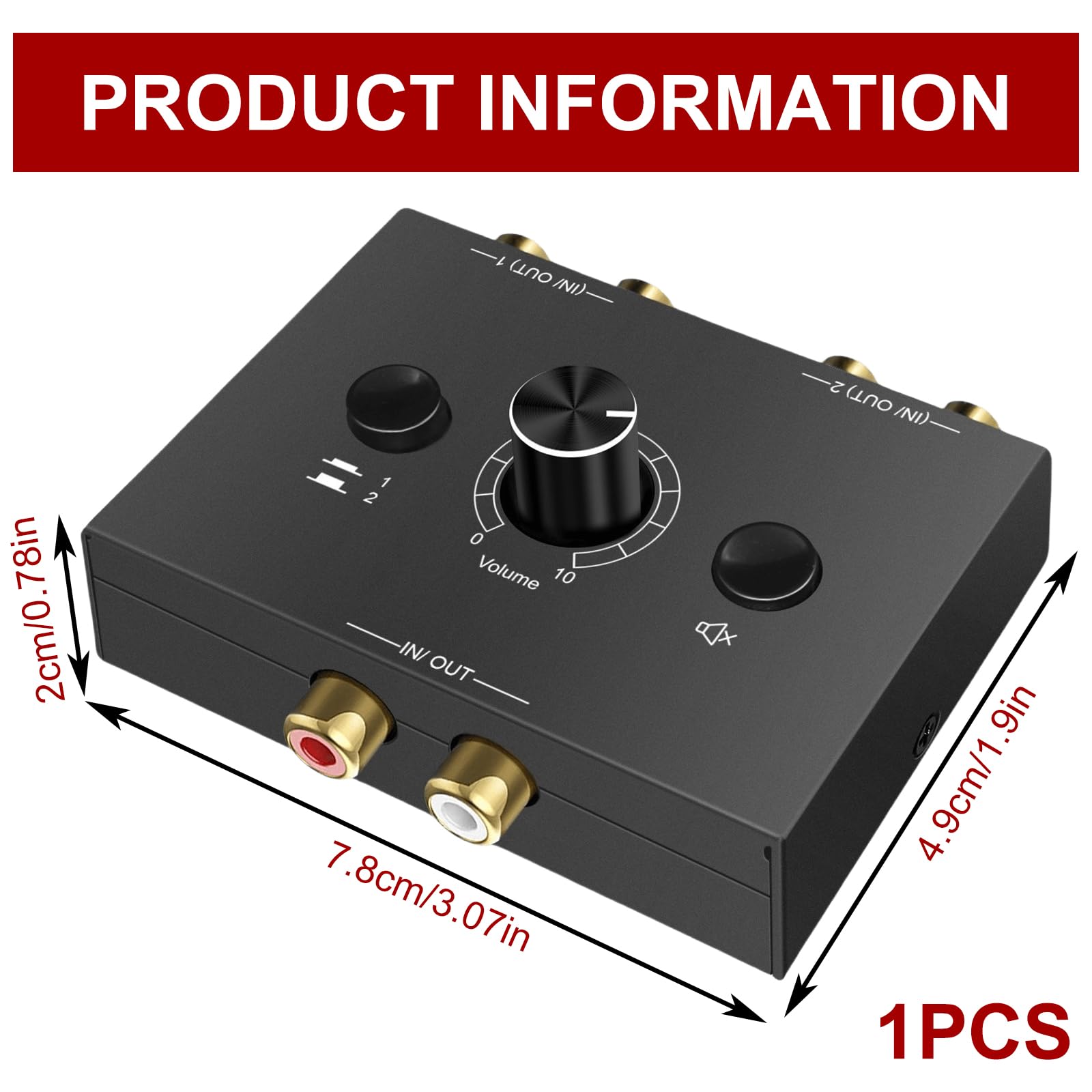 RCA Stereo Audio Switch 2(1)-IN-1(2)-OUT, R/L Regulacja Głośności, dwukierunkowy Aux Sound Selector Splitter Box do odtwarzacza CD, komputera, głośników