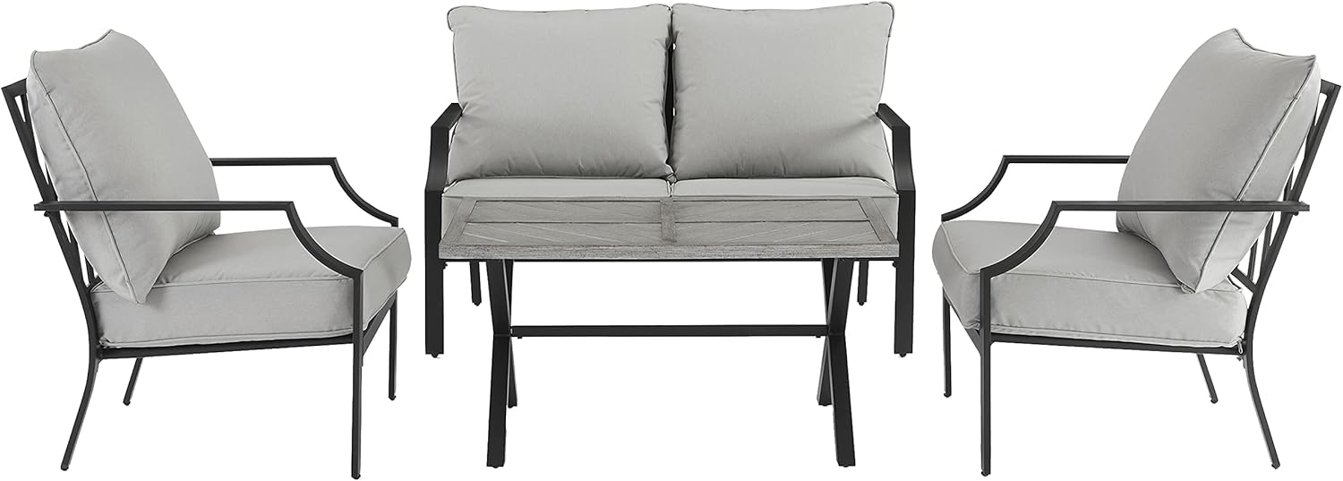 Crosley Furniture Otto 4-Piece Chevron Outdoor Loveseat Patio Furniture Set, Conversation Sets for Porch, Matte Black with Gray Cushions
