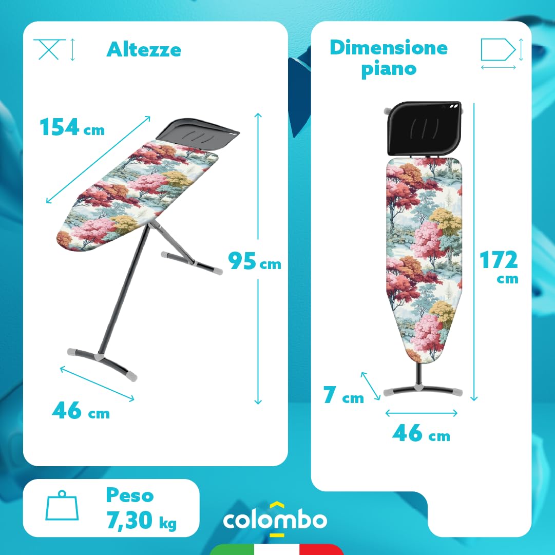 Colombo Asse da Stiro Performance 120x44 cm con Porta Caldaia 10 kg | Asse da Stiro Pieghevole Altezza Regolabile Fino a 95cm, Gambe Monotubo Ø35mm Stabili e Fodera in Cotone Biologico | Made in Italy