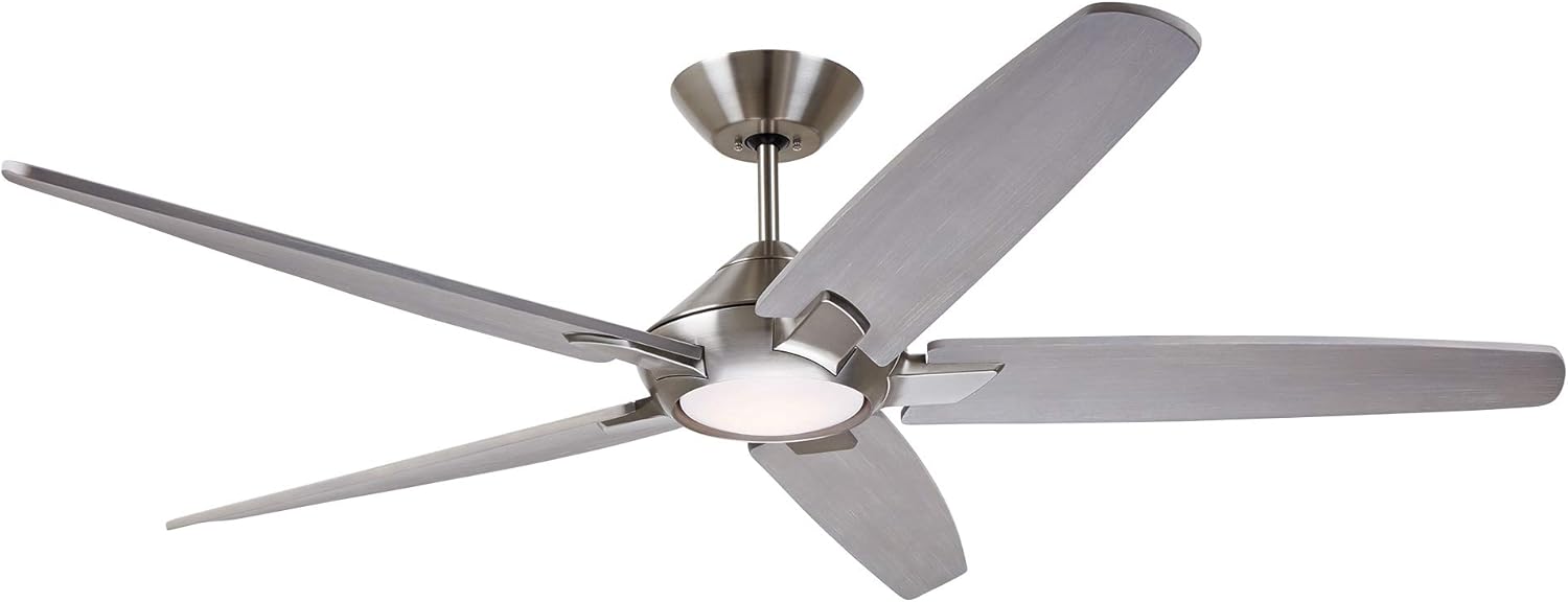 Dorian Eco 60 Inch Ceiling Fan with Light | Dimmable LED Fixture with Premium DC Motor | 6-Speed Wall Control with Gray Solid Wood Blades with and Downrod Mount, Brushed Steel