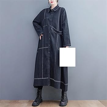 Solid Black Covered Buttons Woman Long Denim Trench Coat Loose Fit