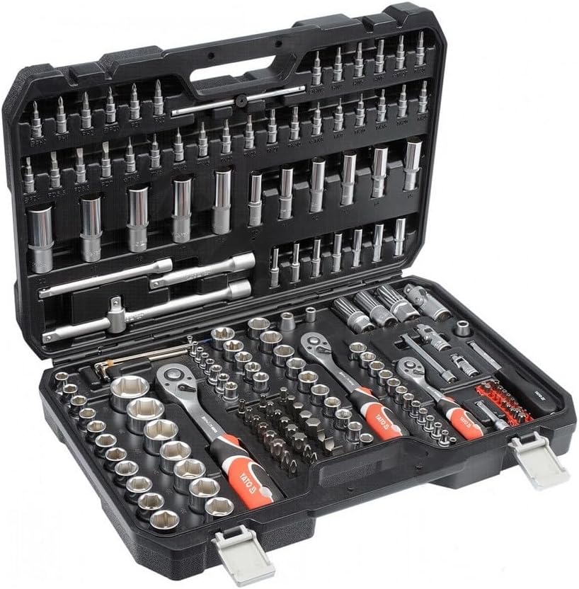 The YATO YT-38931 173-piece socket set open, displaying all tools neatly arranged in their respective compartments within the black carrying case.