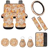FUIBENG 12 Piece Hippie Car Accessories Set Retro 70S Flower Auto Seat Covers Full Set 15Inch Steering Wheel Cover Seat Belt Cover Center Console Armrest Pad Keyring Cup Holder Pad for Vehicels